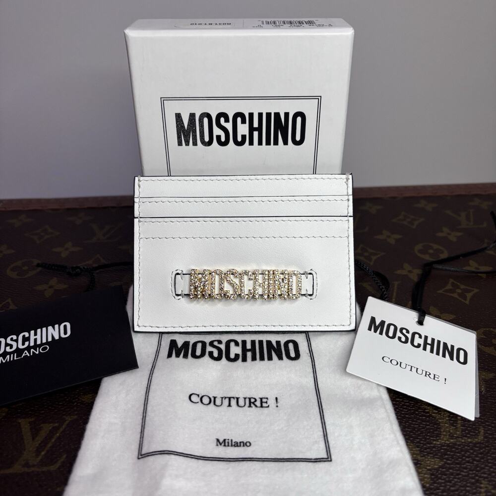Moschino Couture Leather Glam Crystal Fantasy Card Holder Case White